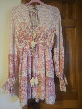 HEMANT & NANDITA Pink and Cream Boho Long Sleeve Tassel Dress